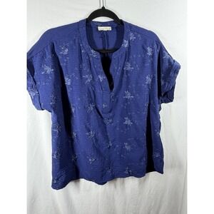 COMO BLU Blue Embroidered Boho Blouse Top Large L Short Sleeve V-Neck Gauze-Feel